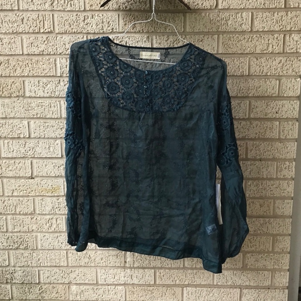 For Love & Liberty/Johnny Was Black Embroidered Sheer Blouse